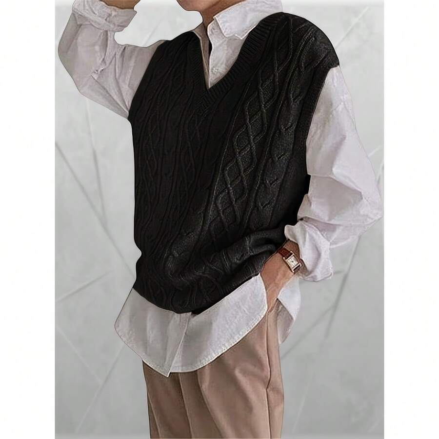 Local Delivery-Viscose & Polyester Blend For Spring, Summer & Fall - Casual Solid Color Lightweight Knitwear, Knit Sweater,Women's Oversized Cable Knit V-Neck Sweater Vest - Sleeveless Loose Pullover Top In Soft Nylon, - Black - View 1