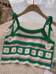 女士时尚雏菊刺绣镂空钩花细肩带上衣 - 墨綠色 - 查看 3