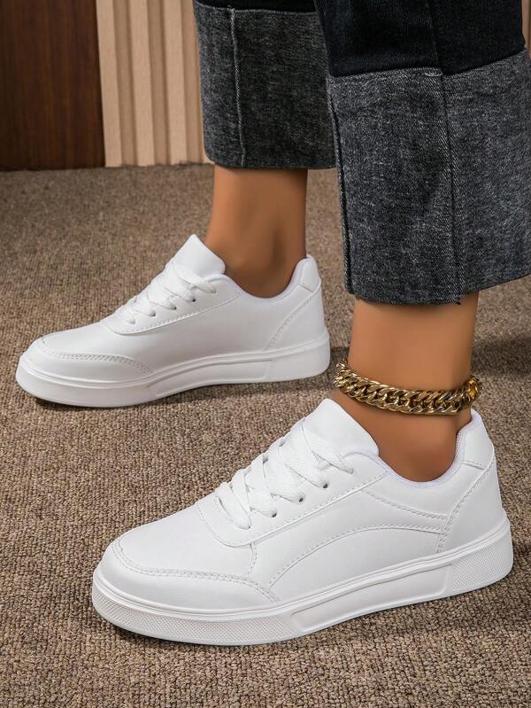Zapatillas deportivas casuales de encaje decoradas en blanco, estilo casual/deportivo para mujer