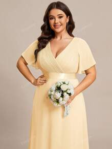 EVER-PRETTY Plus Size Elegant V Neck Ruched Bust Bridesmaid Dress Butter Yellow Formal Dresses For Summer Graduation Party