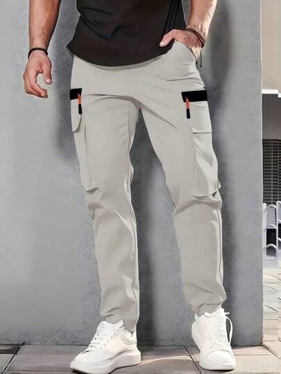 Men's Outdoor Trekking, Fishing, Camping, Mountain Climbing, Fitness, Running, And Casual Fashion Workwear Zipper Large-Pocket Elastic Waistband Slant-Pocket Straight-Leg Gray Pants