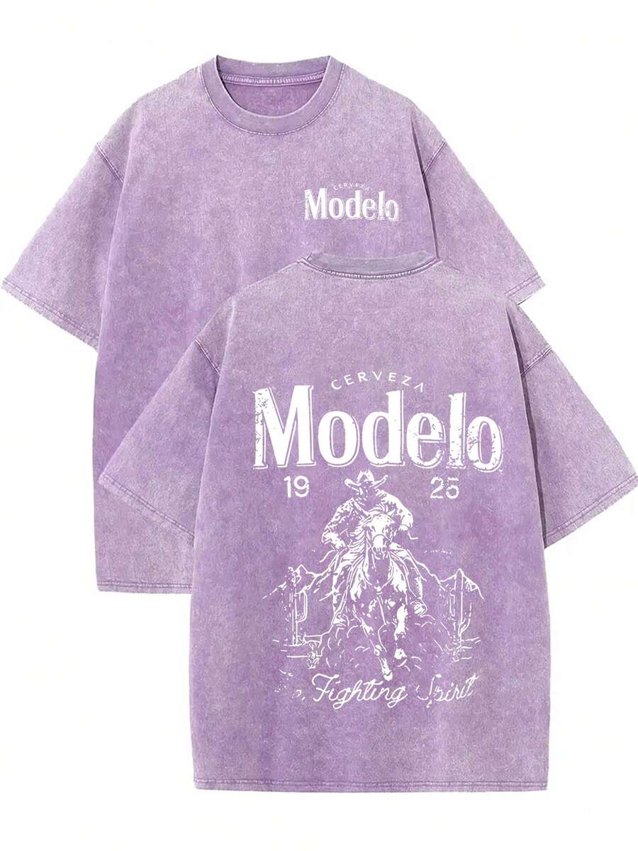 1 Piece, 230G Double-Sided Water Wash, Modelo1 Piece, Washed Printed T-Shirt 230g, High-Quality Batik Cotton Retro Fashion Brand T-Shirt, A Certain Thickness Suitable For Summer T-Shirts, Holiday Gifts. - Màu tím - Xem 1