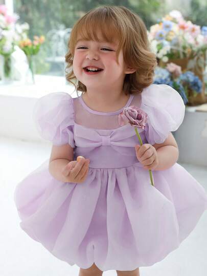 Váy công chúa tay bồng nơ bằng vải tuyn màu tím cho bé gái, hoàn hảo cho sinh nhật 1 tuổi, tiệc tùng, rải hoa, đám cưới, biểu diễn ở trường, lễ kỷ niệm ngày lễ, váy dạ hội