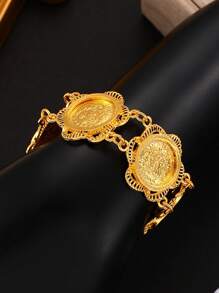 1 pieza Pulsera de mujer de cadena con moneda circular, ambiente festivo y elegante, adecuado para uso diario, fiesta y eventos