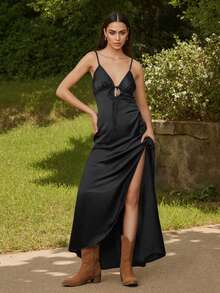 Women's Summer Solid Color Cami Long Dress  Sleeveless Tie-Up Front Backless Flowy Casual Dress For Daily Date Vacation - Black - View 4