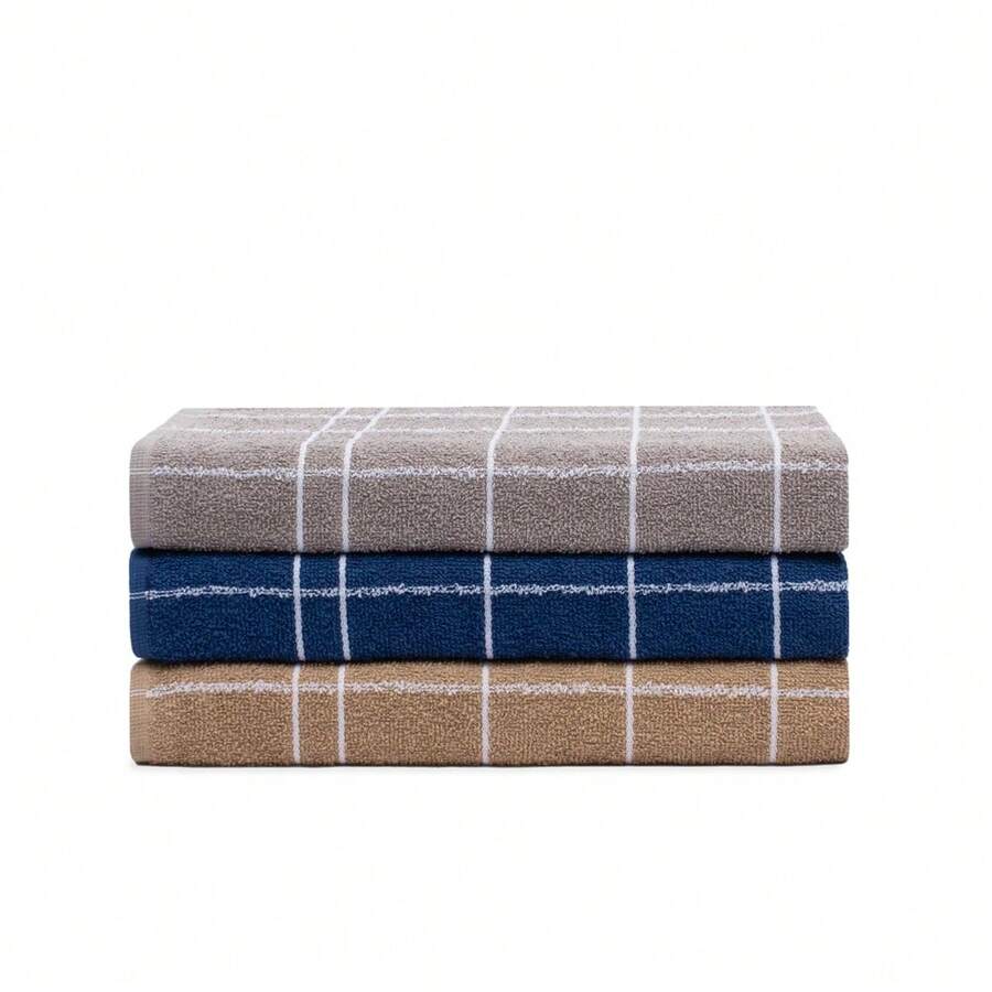 Kit Of 3 Large Striped Plaid Dishcloths, High Absorption, 100% Cotton, 45x60 - 棕色 藍色 灰色 - 查看 1