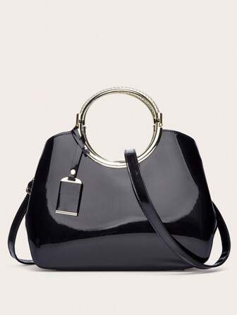zijinling Fashionable Patent Leather Structured Handbag With Detachable Strap, Pendant Decor, Shoulder/Crossbody/Top Handle Clutch