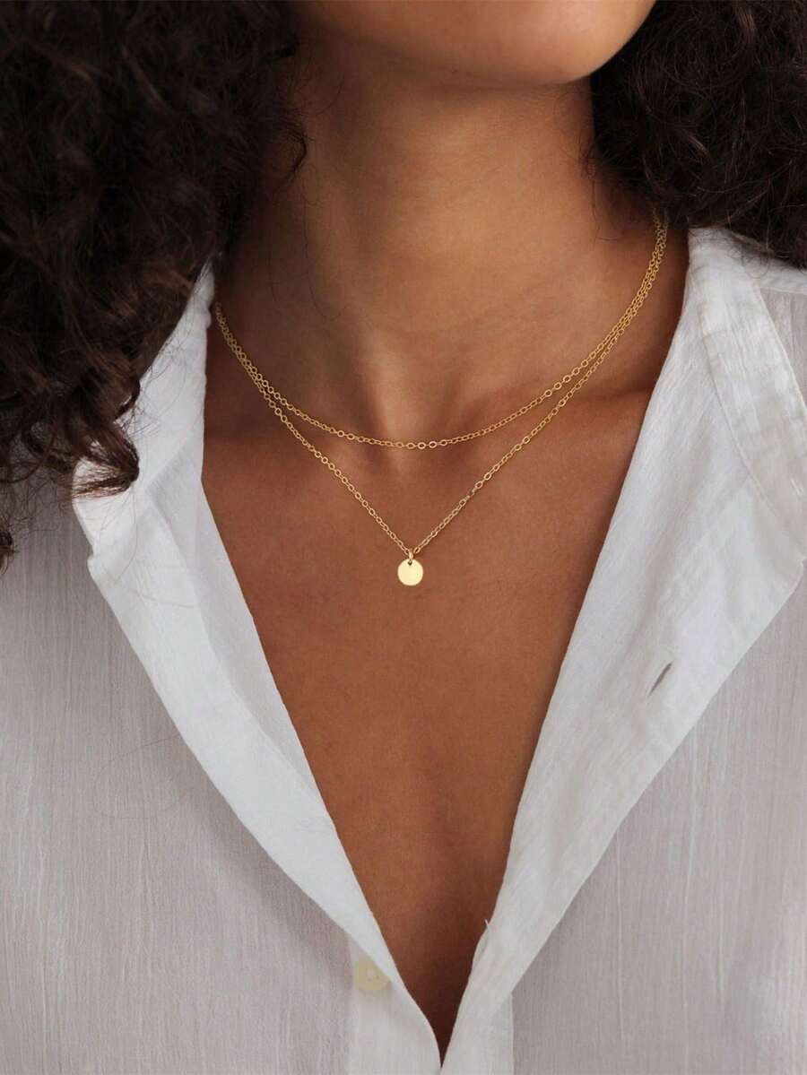 Stainless Steel Waterproof Tarnish Resistant Gold Tone Double Layer Disc Pendant Necklace, Suitable For Women's Daily Wear - Gold - View 1