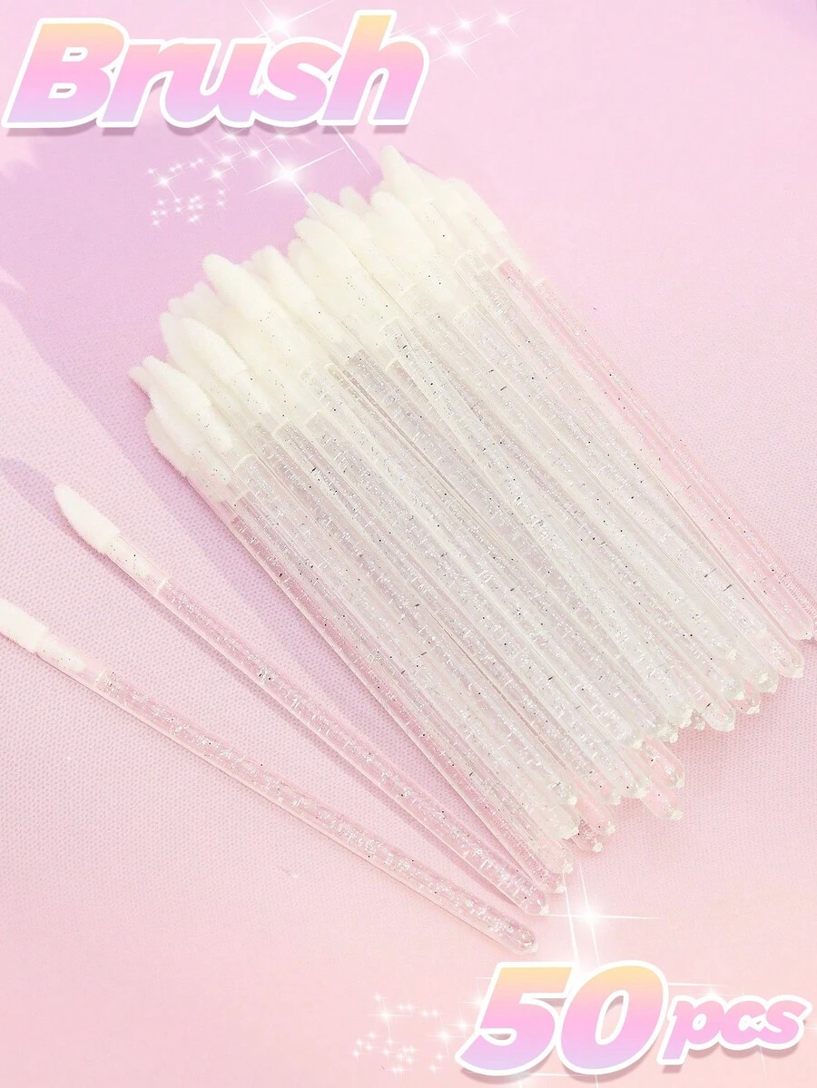 50支一次性唇刷套装，包括睫毛膏刷、唇膏刷、唇彩刷及其他化妆工具、清洁刷、眼影刷 - 銀色 - 查看 1