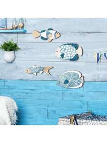 4 Peças Conjunto de Decoração de Parede de Peixes de Madeira, Decoração Costeira, Decoração Náutica Suspensa de Madeira, Decoração de Parede Suspensa para Banheiro, Decoração de Ambiente, Decoração de Verão para Casa, Praia