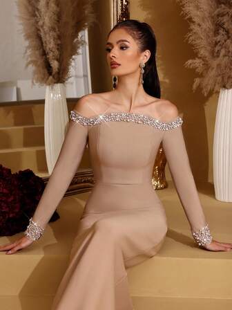 New Black Sexy Long Sleeved Off Shoulder Handmade Nail Bead Diamond Decoration Tight Fitting Slim Long Design Bandage Dress Elegant Wedding Bridesmaid Dress Guest Birthday Party Holiday Ball Ladies Formal Dinner Dress