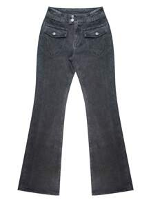 Fall Women's Elegant Denim Zipper Pocket Button Flared Jeans For Back To School