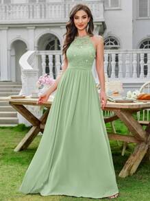 MIUSOL Vestido largo de gala formal con cuello de halter, sin mangas, con volantes, de gasa con lentejuelas y encaje floral