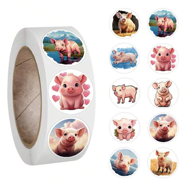 500 Unidades Rollo de pegatinas de cerdito estética Pegatinas de vinilo para manualidades, diarios, parachoques, monopatines, botellas de agua, dibujos animados, cascos y coches