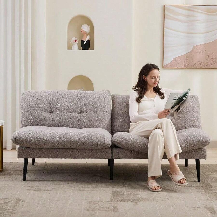 Boucle Futon Sofa Bed Couch, 72" Comfy Loveseat Sleeper Sofas, Futon Couch With Adjustable Backrest, Splitback Small Couches For Living Room, Small Spaces, Apartment, Bedroom, Office, Grey - Grey - View 1