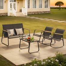 4-Piece Outdoor Patio Furniture Set, All Weather-Resistant Textile Fabric Outdoor Conversation Set With Coffee Table, Patio Rocking Chairs For Lawn, Balcony, Poolside,Outdoor Furniture - Black - View 10