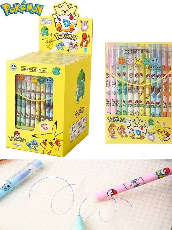 pokemon 1/12pcs Pokémon, Creative Cartoon Shape Straight Erasable Gel Pen, Cute Pet Signature Pen, Fountain Pen Stationery, Back To School Perfect Party Gift, Office Supplies, Birthday Gift Toy, Pikachu, Handmade Set, Fashionable, Ideal Gift For Party Collection And Family