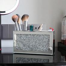 Silver Makeup Brush Holder Organizer Bling 3 Slot Crushed Diamond Crystal Mirrored Cosmetic Brushes Storage Eyeliners Eyebrow Pencil Display Case