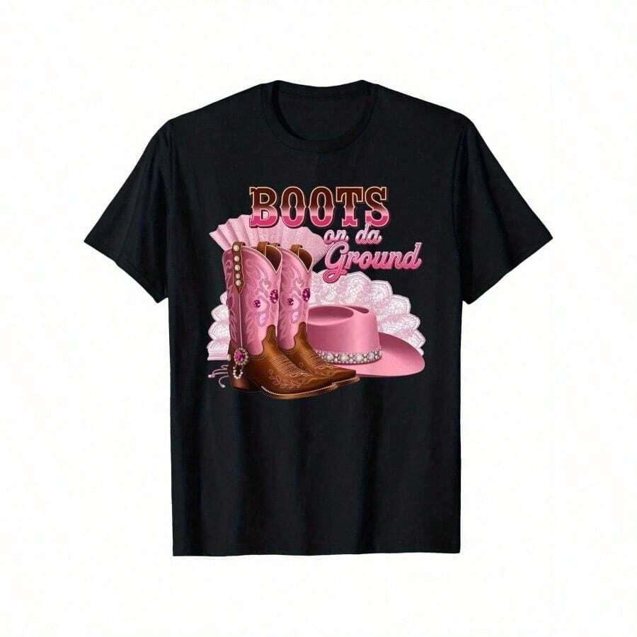 Men's Western Cowboy Boot Graphic T-Shirt - "Boots On The Ground" Design, Soft Cotton Crew Neck Tee, Breathable & Moisture Absorbent, Casual Street Style, Perfect Gift For Men, Comfortable Tee | Graphic Print Shirt | Moisture Absorbent Top - Black - View 1