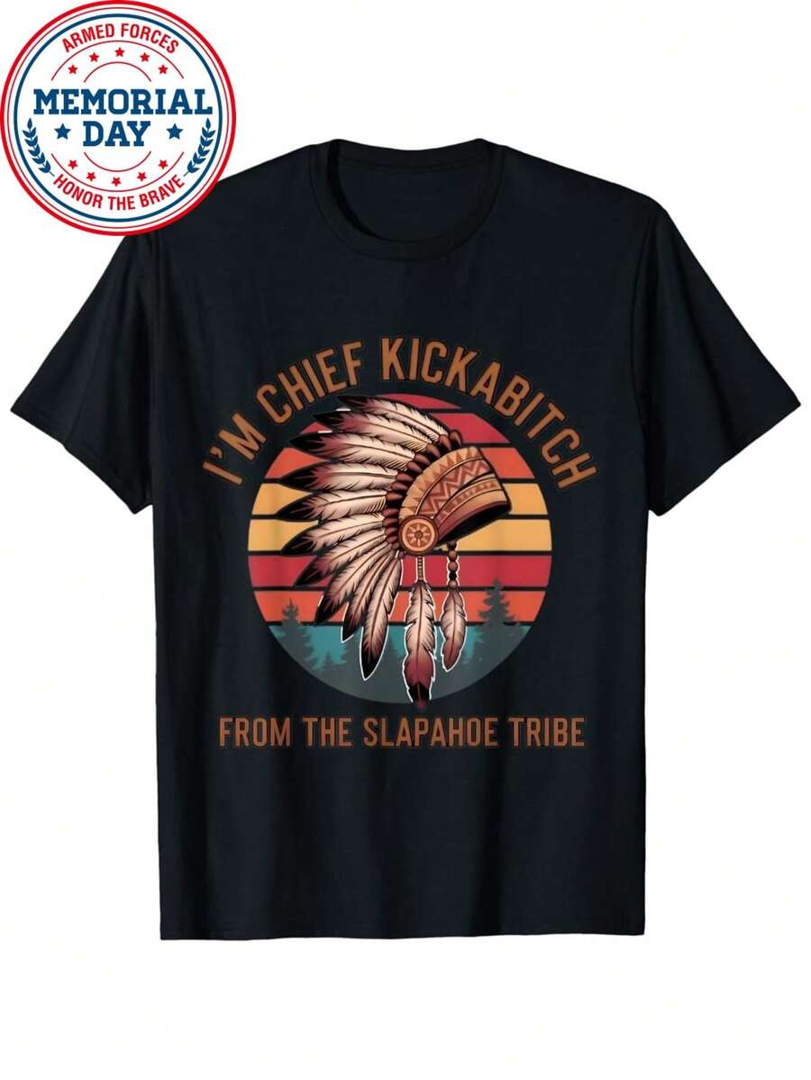 Catzilla Retro Japanese Cat Funny Kitten Cat Mom I'm Chief Kickabitch From The Slapahoe Tribe Vintage Native Black Unisex Adults Classic Fit Short Sleeve T Shirt