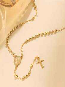 1 Stück elegante minimalistische Edelstahl Kreuz Kette mit 59 Stücke 3mm Stahl Perle Rosenkranz, geeignet für Herren und Damen Alltags Tragen