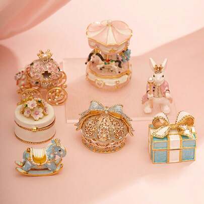 1pc Alloy Enamel Jewelry Box, Engagement Wedding Gift, Jewelry Box For Ring Earring Necklace, Animal Design With Golden Accent, Magnetic Closure, Perfect Handcraft Gift, Jewelry Display, Metal Desktop Organizer Box With Cherry Blossom Butterfly Design, Elegant Jewelry Organization Box, Suitable For Women And Girls