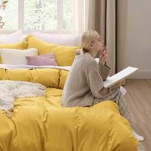Sage Green Duvet Cover Queen Size - 3 Pieces Prewashed Extra Soft Bedding Set, Includes 1 Duvet Cover 90x90 Inches With Zipper Closure & 2 Pillow Shams, Comforter Not Included - 08 - 芥末黃(無被子) - 查看 3