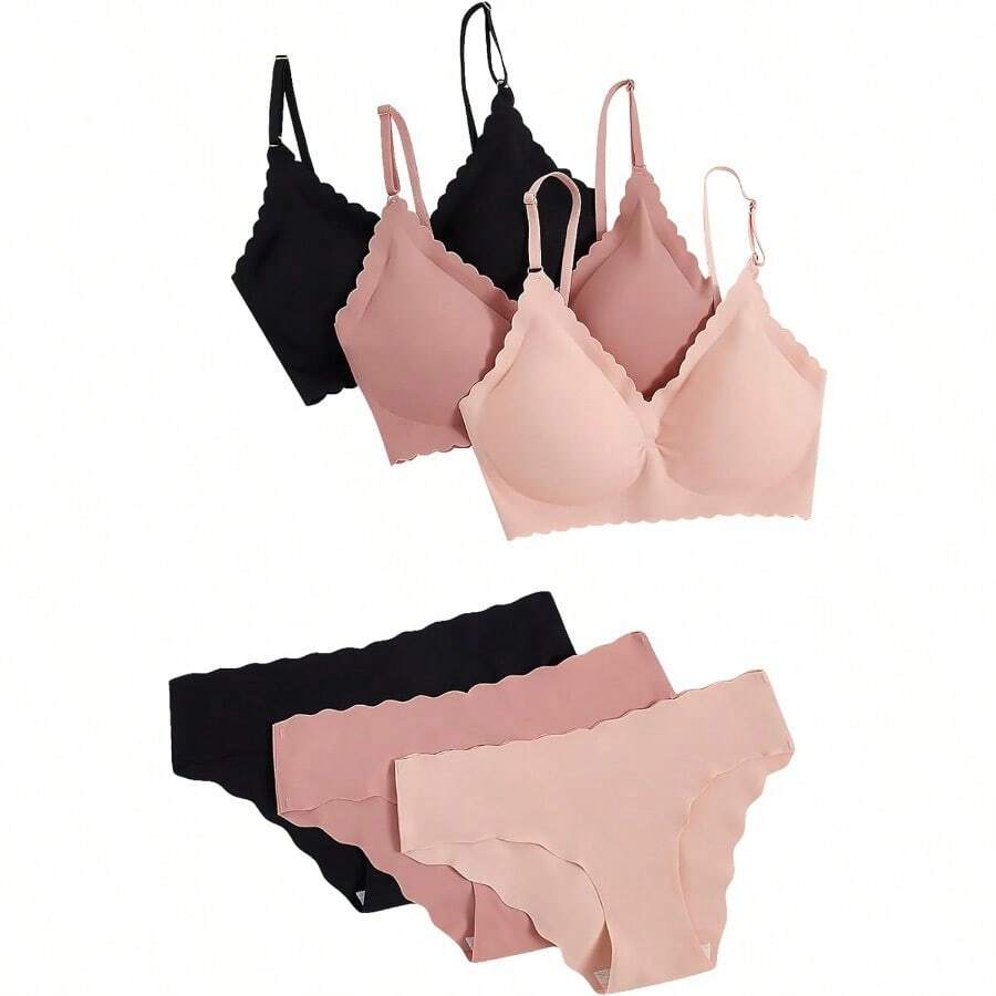 Women's 6 Piece Scalloped Seaml No Show Bra And Panty Lingerie Sets - Large - View 1
