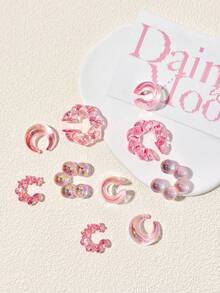 10 件/套时尚跨境彩虹色 C 形编织新月心形星星串珠夹式耳环，彩色亚克力简约优雅耳环套装 - style 1 - 查看 2