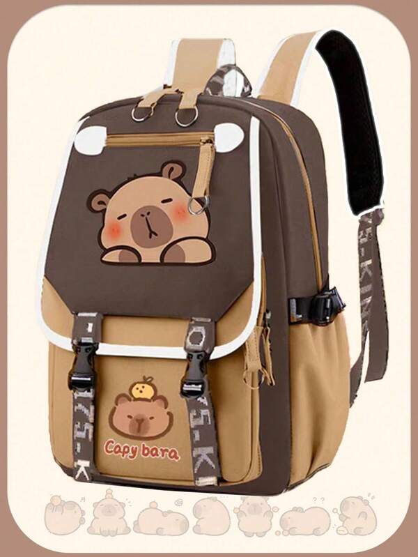 1 Peça Mochila Escolar com Padrão Fofo de Capivara e Contraste de Cores. Bolsa de Estudante Alegre de Grande Capacidade. Observação: As Cores, Letras e Forro são Aleatórios.