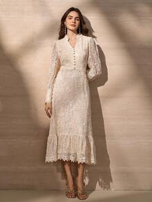 Elegant Stand Collar Button Decor Lantern Sleeve A-Line Dress