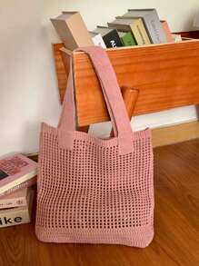 1pc Fashionable Knitted Tote Bag, Mesh Beach Handbag For Summer Vacation, Boho Knit Bag - Large Capacity Women Shoulder Bag