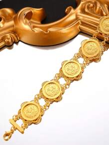 1 pieza Pulsera de mujer de cadena con moneda circular, ambiente festivo y elegante, adecuado para uso diario, fiesta y eventos