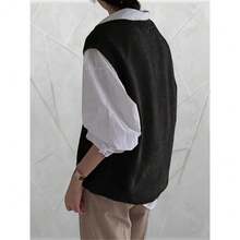 Local Delivery-Viscose & Polyester Blend For Spring, Summer & Fall - Casual Solid Color Lightweight Knitwear, Knit Sweater,Women's Oversized Cable Knit V-Neck Sweater Vest - Sleeveless Loose Pullover Top In Soft Nylon, - Black - View 4