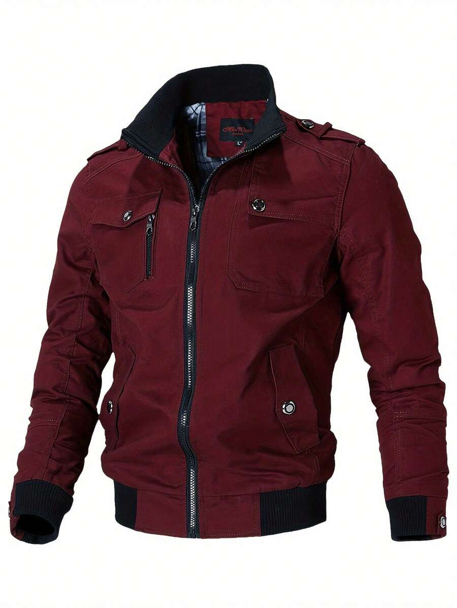 Men's Cargo Style Jacket With Color Block And Zipper, Suitable For Spring And Autumn Wear, Solid Color Slim Fit Men's Jacket, Suitable For Gifting To Family, Husband, Or Boyfriend - 酒紅色 - 查看 1
