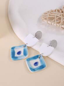 1 par de brincos elegantes com pingente quadrado de cerâmica azul, design longo de 3 camadas, sofisticados para mulheres, adequados para férias, festas e uso diário