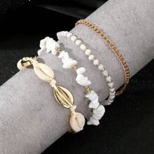 Set de tobillera de cadena con piedras trituradas de verano para mujer, pulsera para el tobillo con dije de concha estilo bohemio, joyería hecha a mano de color dorado con cuentas y lentejuelas, accesorio de playa para pies descalzos
