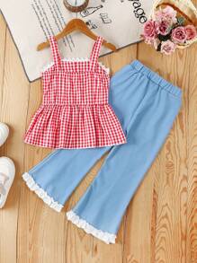 2 pezzi set di canotta e pantaloncini per bambine, con ricamo floreale e maniche con volant, abbigliamento estivo casual di moda