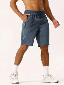 New Summer Lightweight Men's Shorts, 4-Way Stretch, Loose Fit 5-Inch Inseam, Men's Sports Shorts, Beach Shorts, Fitness Shorts, Running Shorts With Pockets, Zipper, Reflective Print, Solid Color - Grey - View 4