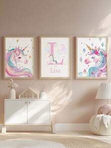 3pcs Custom Frameless Children's Posters Custom Daisy Wall Art Prints , Personalized Name Sign Girl Room Decor, Gallery Wall Art, Two Unicorns, Monsters, Elves,Neutral Boho Nursery DecorKids Bedroom Home Decoration, Pink Wall Decor, Personalized Christmas Gifts, Family Gifts, Birthday Gifts, Friends Gifts, Bedroom Home Decoration, Christmas, Simple And Stylish Home Decoration Art, Beautiful Art Poster, New Year Gifts, Birthday Gifts Back To School - Multicolor - View 3