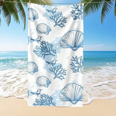 1条印花沙滩巾，贝壳和海洋生物图案，时尚风格，超强吸水，适用于浴室、游泳、健身、瑜伽等场合，柔软舒适的超细纤维材质，轻便易携，防风防紫外线，防沙，是夏季旅行、度假和浴室装饰的理想之选。建议选择常规尺寸和较大尺寸（小号毛巾尺寸为35*75厘米，建议150厘米或以上）。