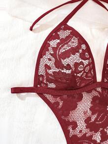 Women's Burgundy V-Neck,Lace Splicing,Backless And Sheer Mesh,Bow Decoration,Lace Up,Teddy Sexy Bodysuit ﻿