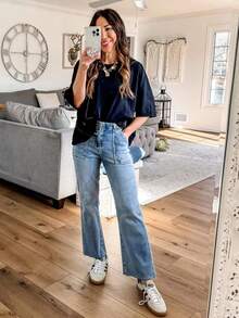 Womens Oversized-Shirts Cropped Summer Casual Short Sleeve Loose Fit Tee Tops - Army Green - View 10