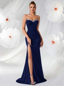 ADYCE Vestido largo de noche con hombros descubiertos y escote en V para fiesta de mujeres, decorado con rhinestones, con espalda sin tirantes y abertura, con cordones en la espalda, para cena, club, baile y banquete