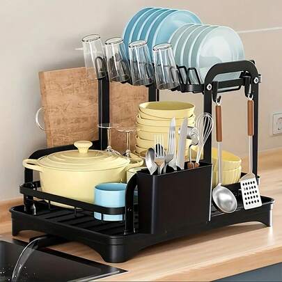 Supporto con vassoio scolacqua per piatti, grande griglia a 2 ripiani in metallo con drenaggio, portabicchieri, portaposate e tappetino asciugatura extra, scolapiatti per piano cucina, colore nero