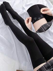1 Pair Thigh High Socks, With Silicone Non-Slip Thermal Lined, Black Slimming Long Socks, Adjustable Size, High Elasticity, Christmas Gift - Black - View 1