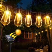 1 pièce Guirlandes lumineuses solaires à 10/20/30 LED pour éclairage de rue et de zone, ampoules décoratives de Noël IP44 pour l'extérieur, guirlandes de fête vintage, pour jardin, tonnelle, vérandas, camping - Finition métal mat, semi-affleurant, commande d'interrupteur, applique amovible, abat-jour en acrylonitrile butadiène styrène, batterie au nickel 400 mAh, chargée solaire, solution d'éclairage commercial, éclairage extérieur, idéal pour Noël, parfait pour Thanksgiving