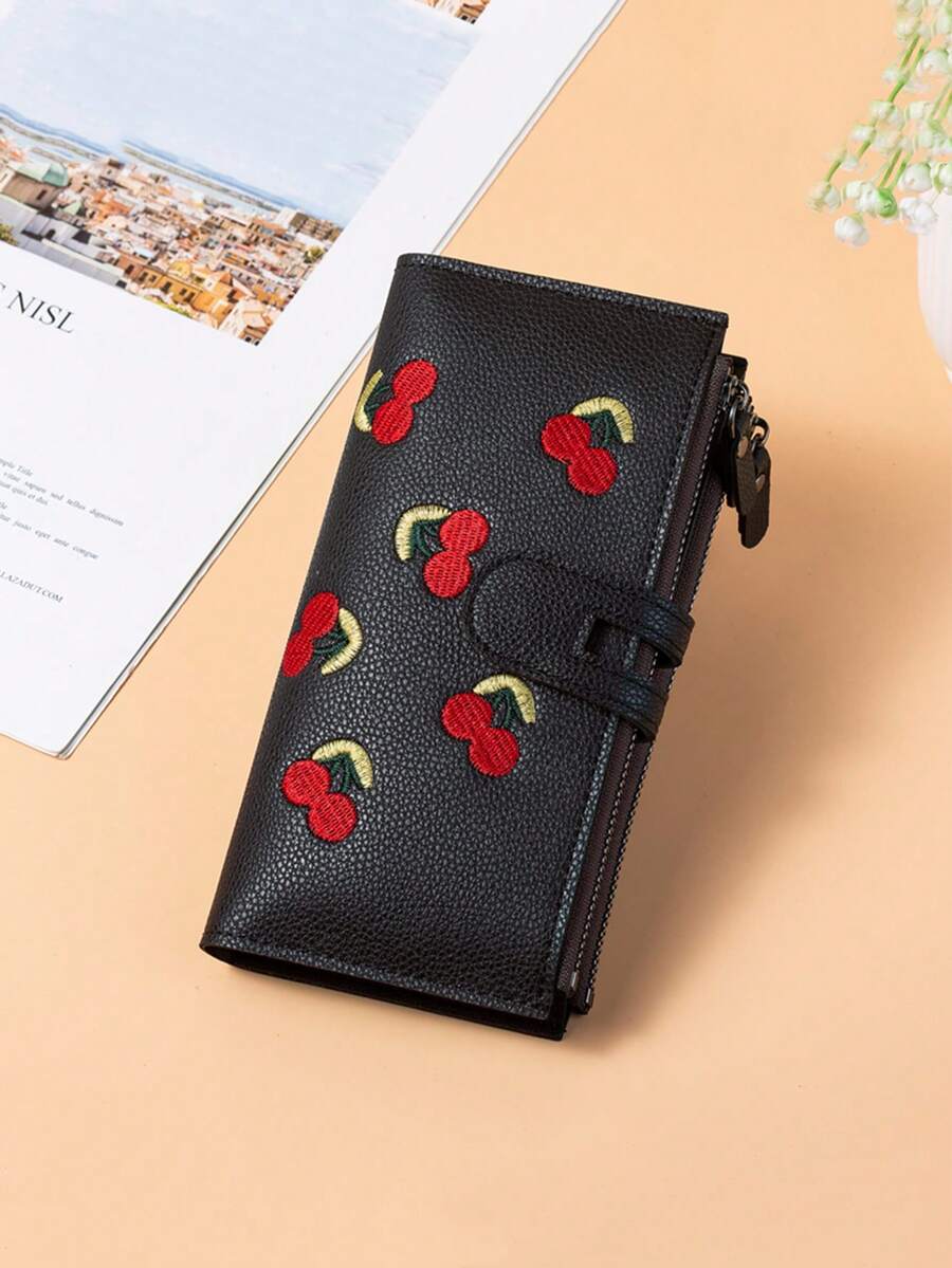 Women's Vertical Snap Cherry Embroidered Compact Minimalist Small Wallet, PU Water-Resistant Lightweight Cash Holder, Suitable As Gift For Girlfriend