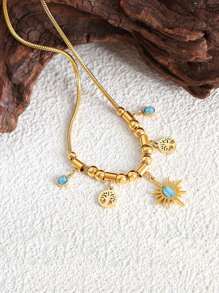 Colar com pingente de árvore da vida, girassol, estrela e lua em estilo boêmio vintage com pulseira de contas turquesa para mulheres