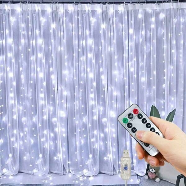 1pc 600 LED Window Curtain String Lights, USB Powered Fairy Lights For Indoor, Suitable For Wedding, Party, Birthday, Christmas, Holiday Decor
